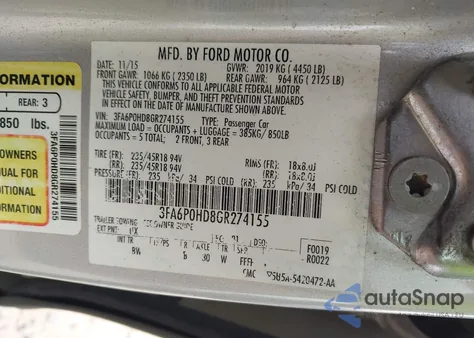 2016 Ford Fusion Se from USA, damaged, VIN 3FA6P0HD8GR274155